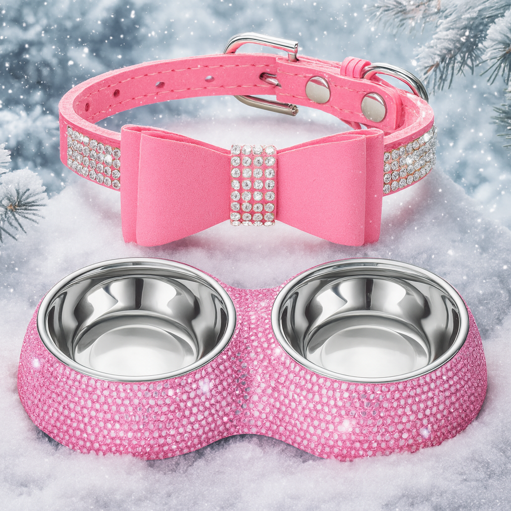 Pawra Pink Luxury Bow Collar & Matching Rhinestone Feeding Bowl Set