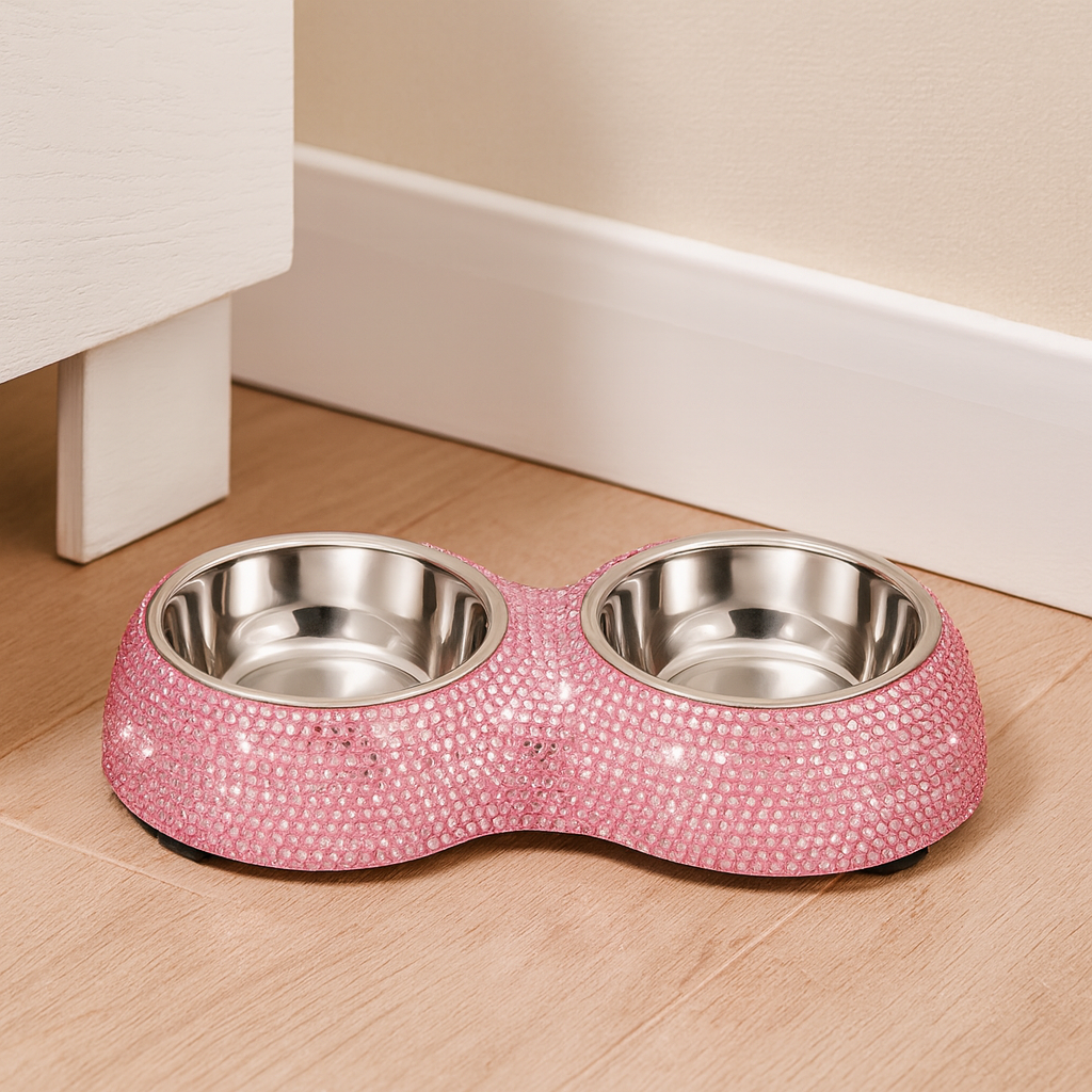 Pawra Pink Luxury Bow Collar & Matching Rhinestone Feeding Bowl Set