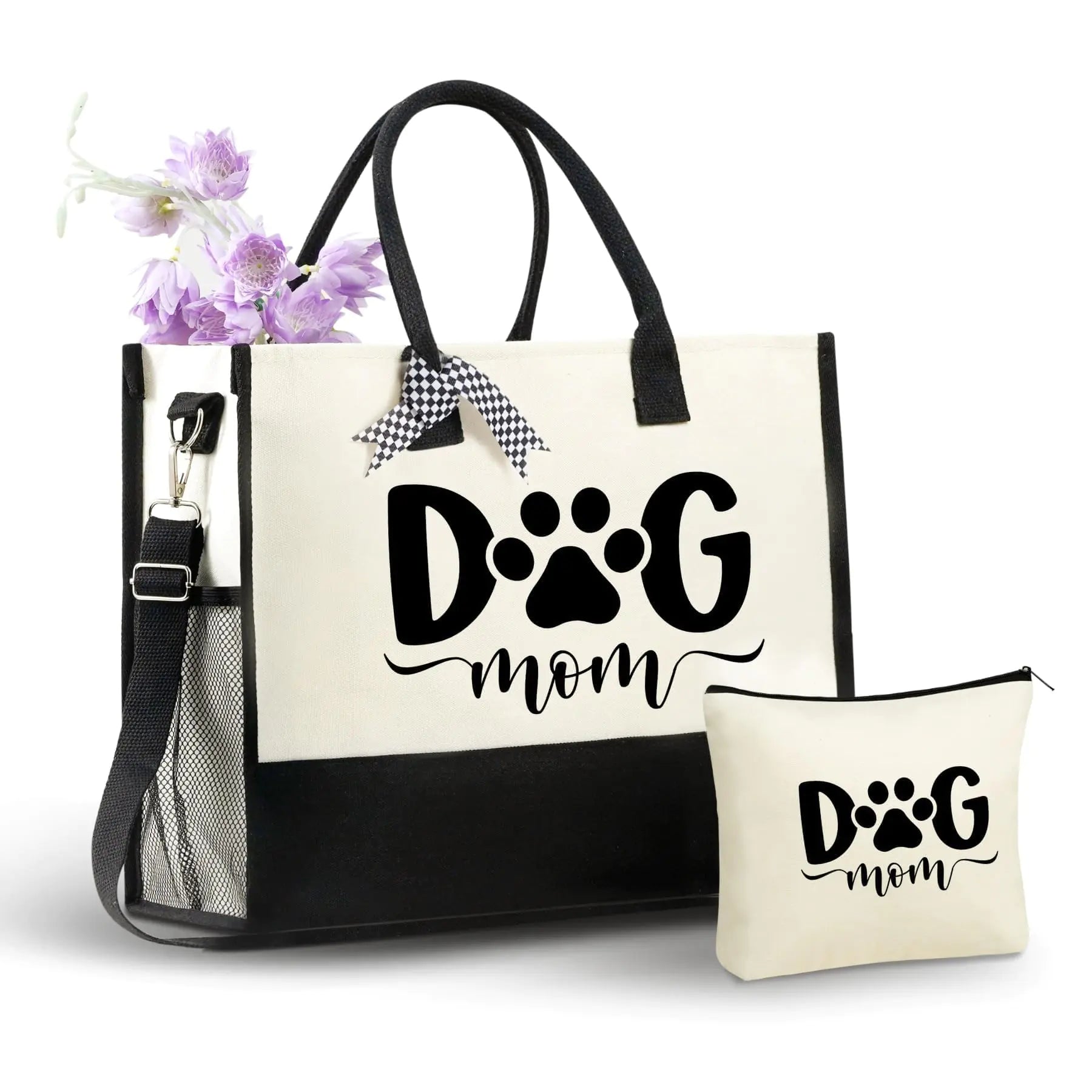 Pawra™ Dog Mom Tote Bag Set – Canvas Handbag + Mini Pouch for Dog Lovers